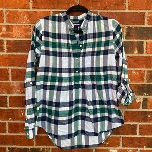 Lands End Womens 6 Blue Plaid Pintuck Roll Tab Sleeve Popover Shirt
